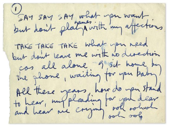 Paul McCartney's handwritten lyrics for Say Say Say