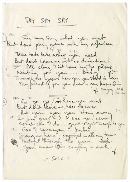 Paul McCartney's handwritten lyrics for Say Say Say