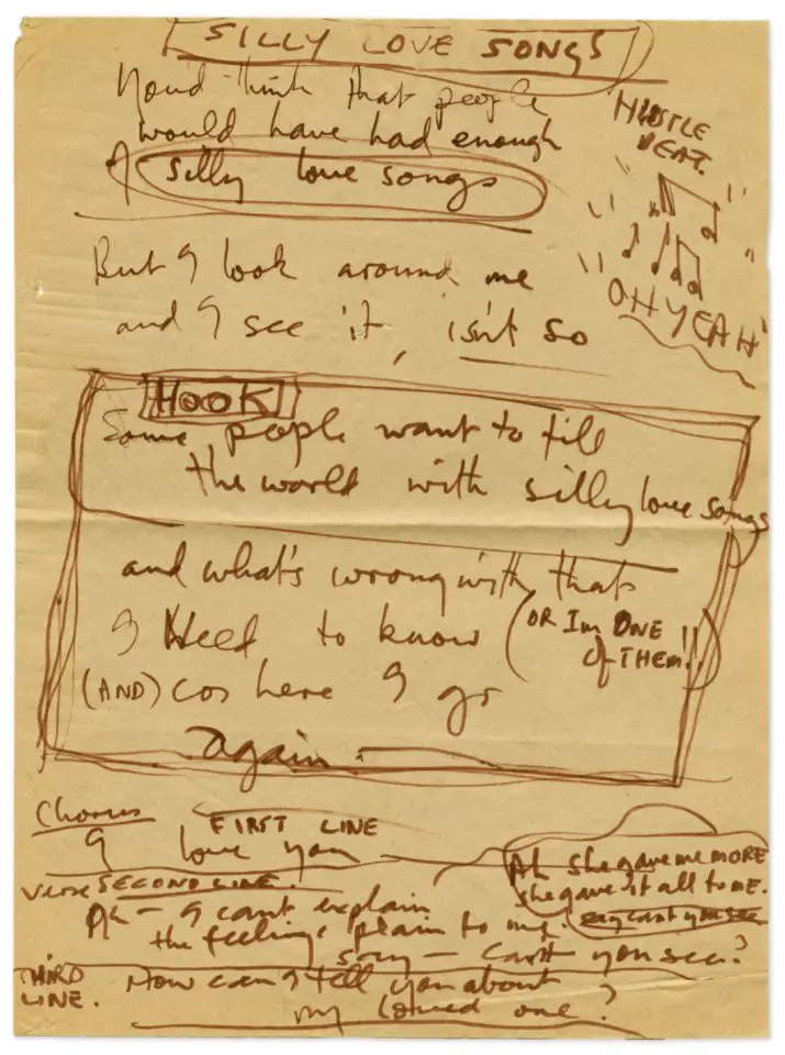 Paul McCartney's handwritten lyrics for Silly Love Songs