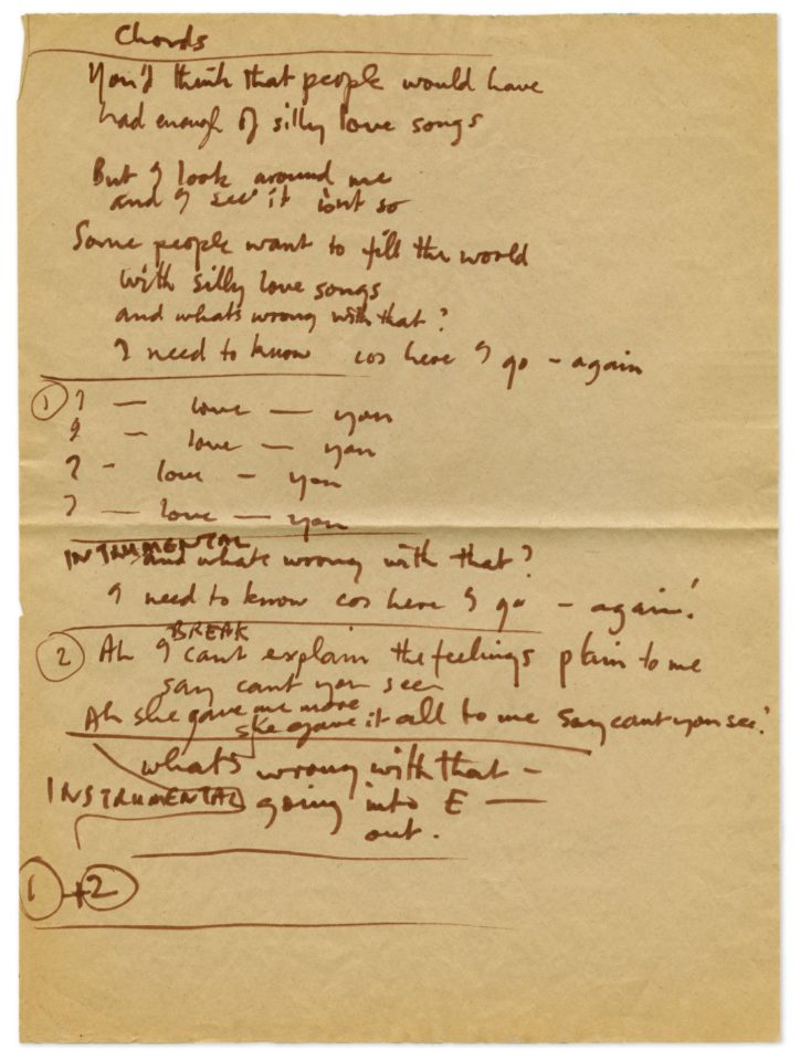 Paul McCartney's handwritten lyrics for Silly Love Songs