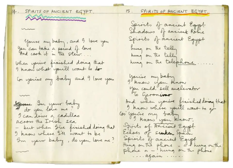Paul McCartney's handwritten lyrics for Spirits Of Ancient Egypt