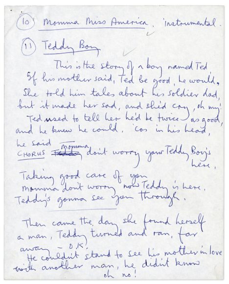 Paul McCartney's handwritten lyrics for Teddy Boy