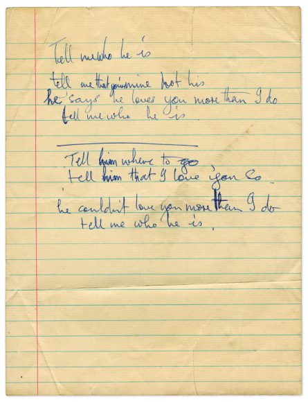 Paul McCartney's handwritten lyrics for Tell Me Who He Is