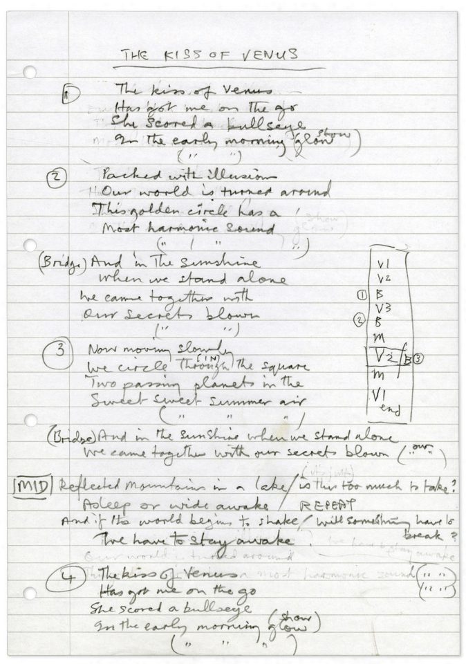 Paul McCartney's handwritten lyrics for The Kiss Of Venus