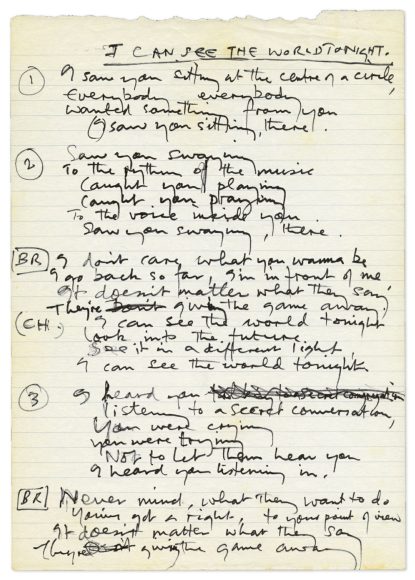 Paul McCartney's handwritten lyrics for The World Tonight