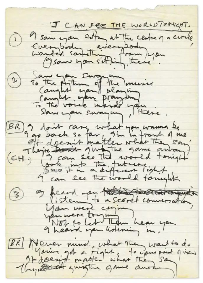 Paul McCartney's handwritten lyrics for The World Tonight