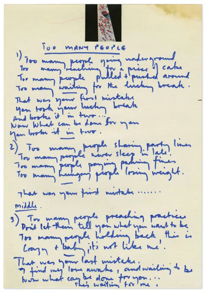 Paul McCartney's handwritten lyrics for Too Many People