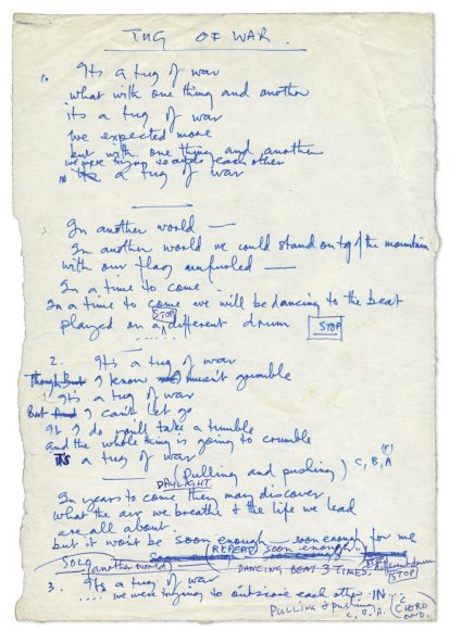 Paul McCartney's handwritten lyrics for Tug Of War