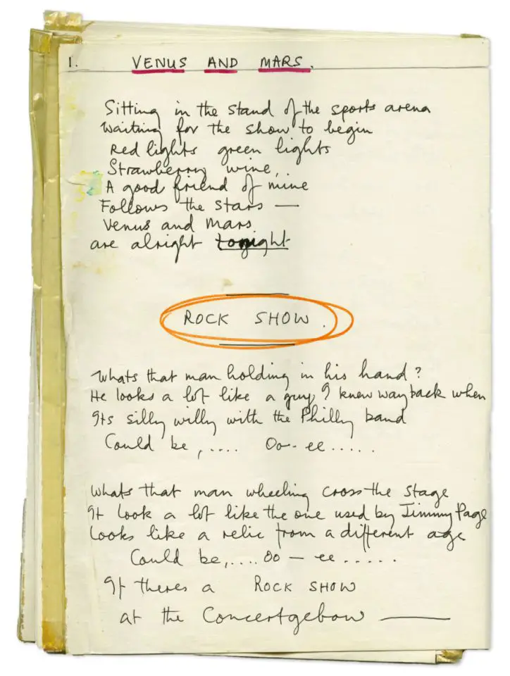 Paul McCartney's handwritten lyrics for Venus And Mars and Rock Show