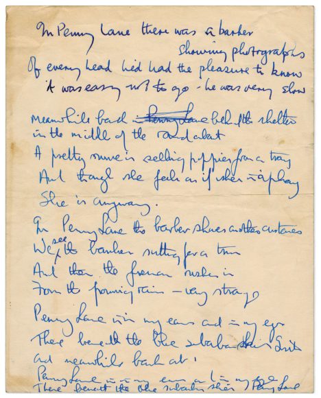 Paul McCartney's handwritten lyrics for Penny Lane