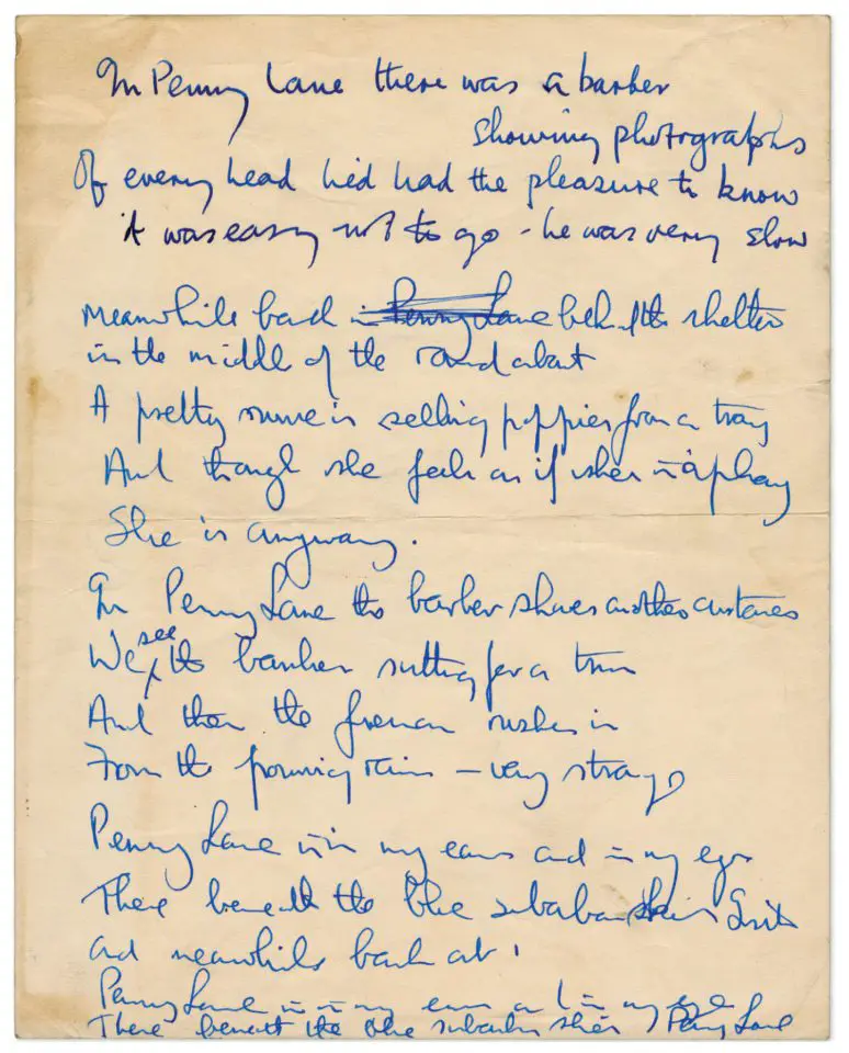 Paul McCartney's handwritten lyrics for Penny Lane