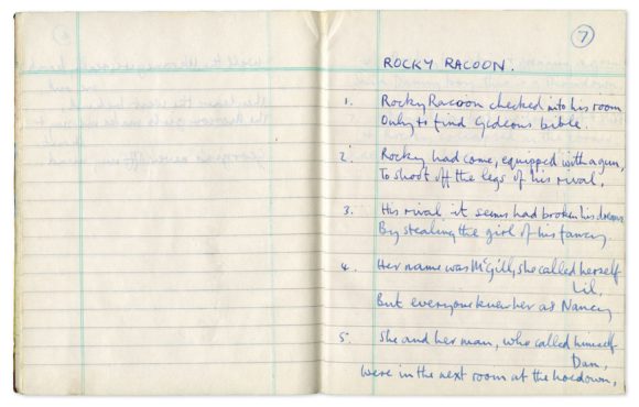 Paul McCartney's handwritten lyrics for Rocky Raccoon