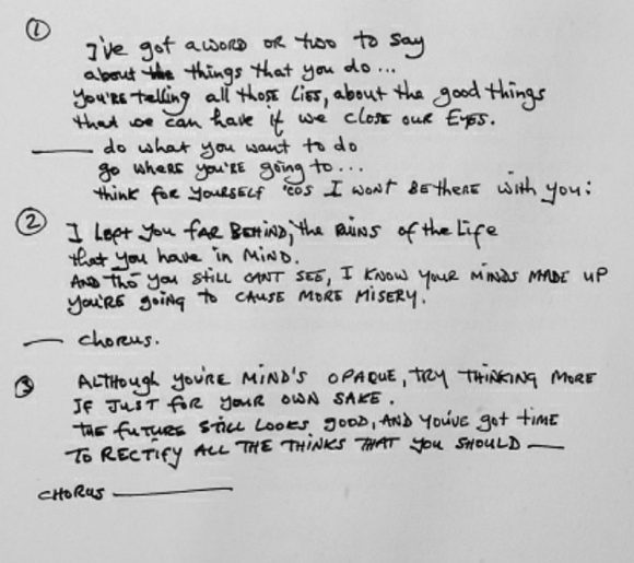 George Harrison's handwritten lyrics for Think For Yourself