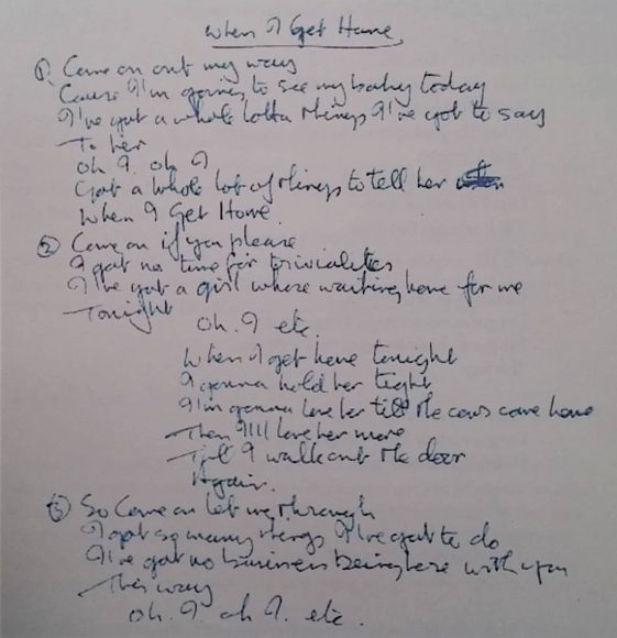 John Lennon’s lyrics for When I Get Home, 1964