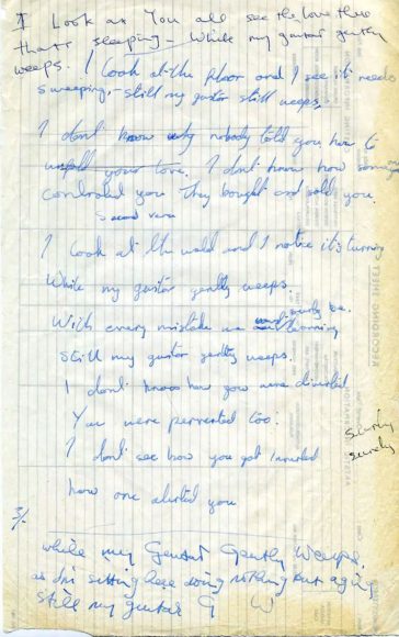 George Harrison's handwritten lyrics for While My Guitar Gently Weeps