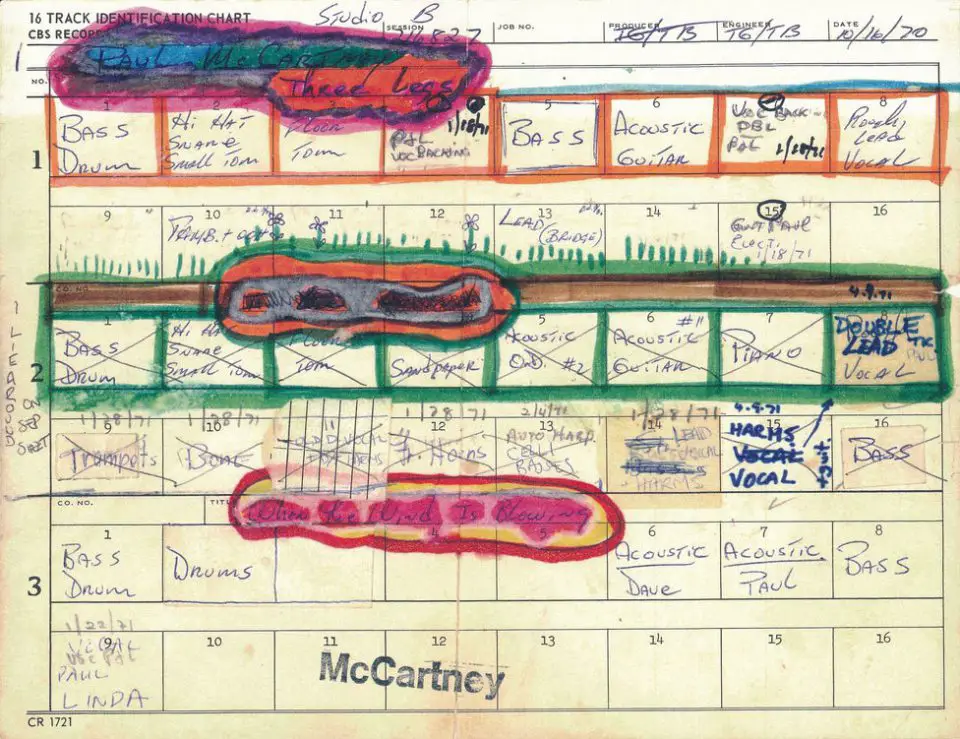 Paul McCartney – recording sheet for 3 Legs, I Lie Around, When The Wind Is Blowing