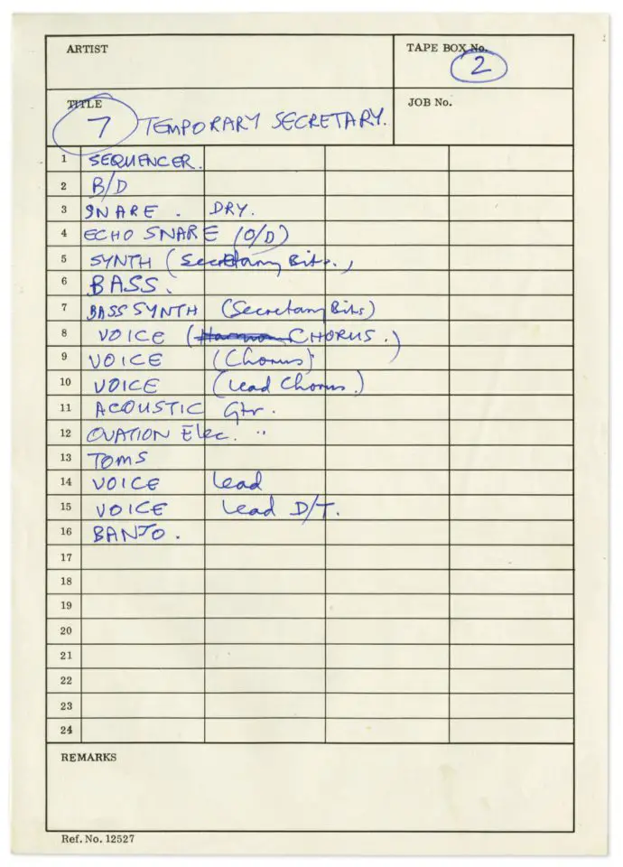 Paul McCartney's studio track sheet for Temporary Secretary