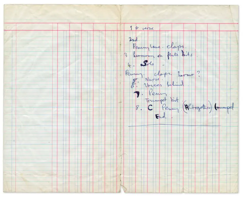 Paul McCartney's studio notes for Penny Lane